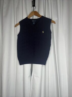 Ralph Lauren Navy Cable Knit Sleeveless V-Neck Vest with Yellow Pony